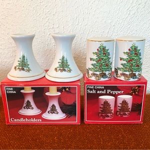 Vintage Fine China Christmas Candle Holder And Salt and Pepper Shaker Set